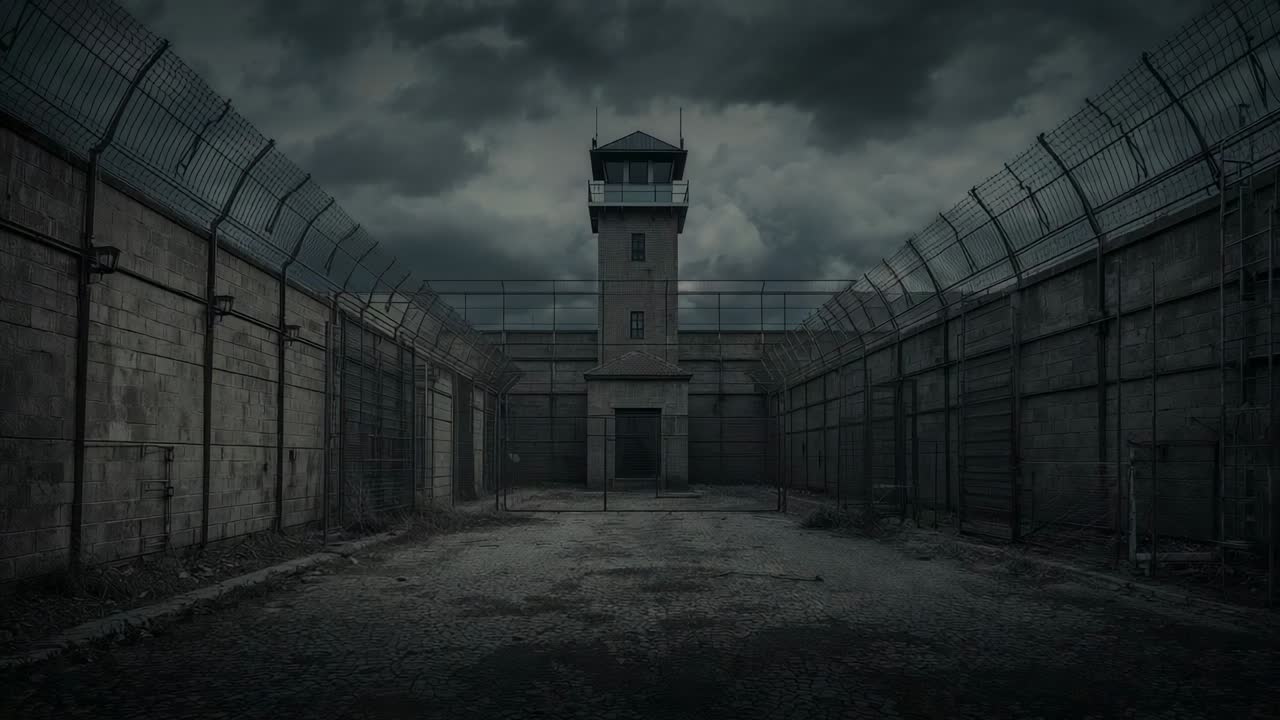 Showing empty prison exercise yard and guard tower darkening as heavy clouds slowly moving