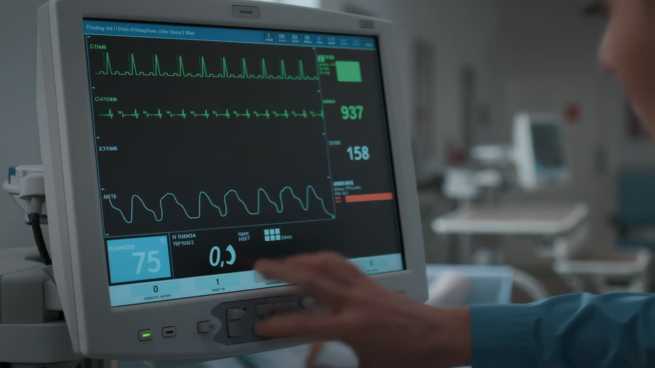 A healthcare professional monitors a patient's vital signs on a medical display in a hospital setting
