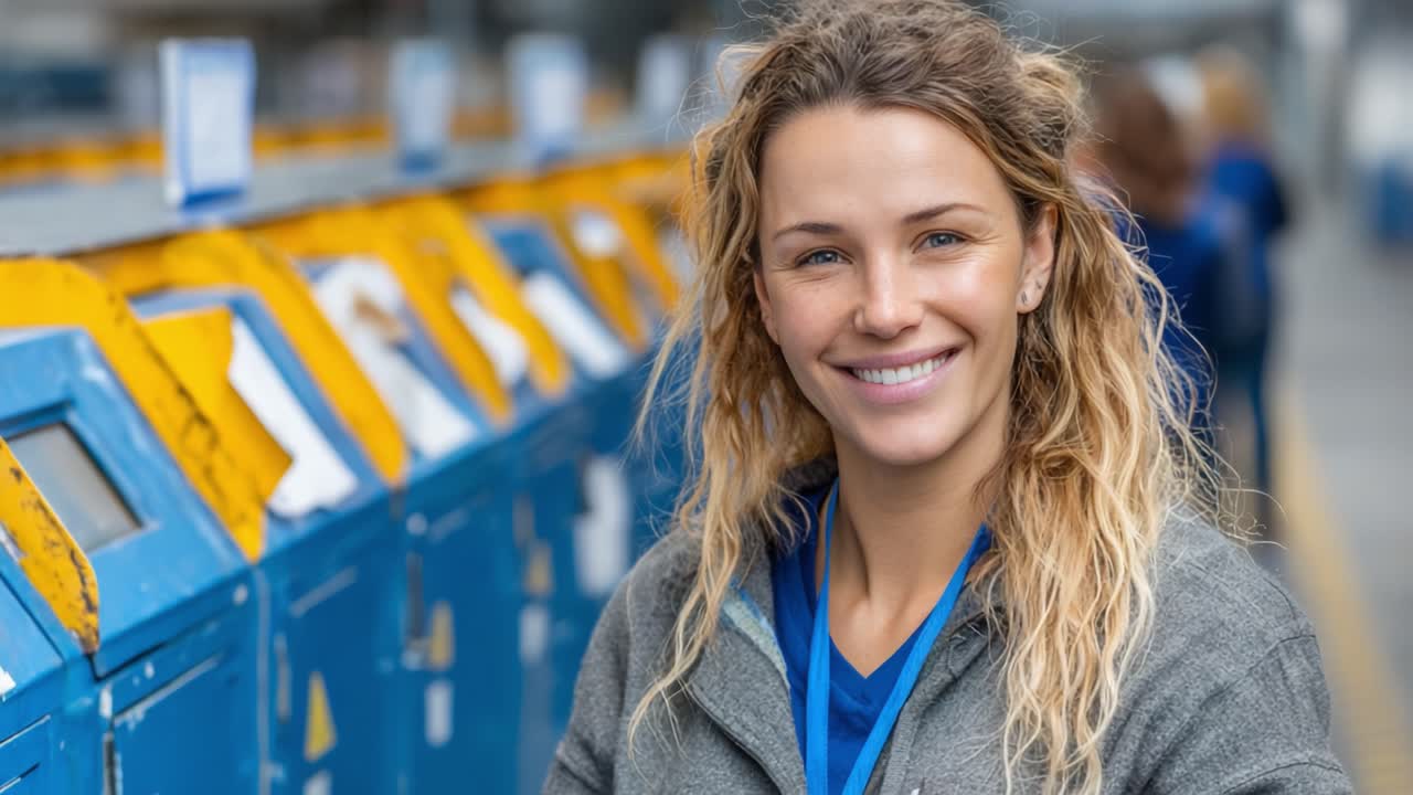 Una donna allegra con i capelli ricci sorride fiduciosa davanti a delle vivaci cassette postali blu, mettendo in mostra un momento di cordialità e approcciabilità in un ambiente frenetico.