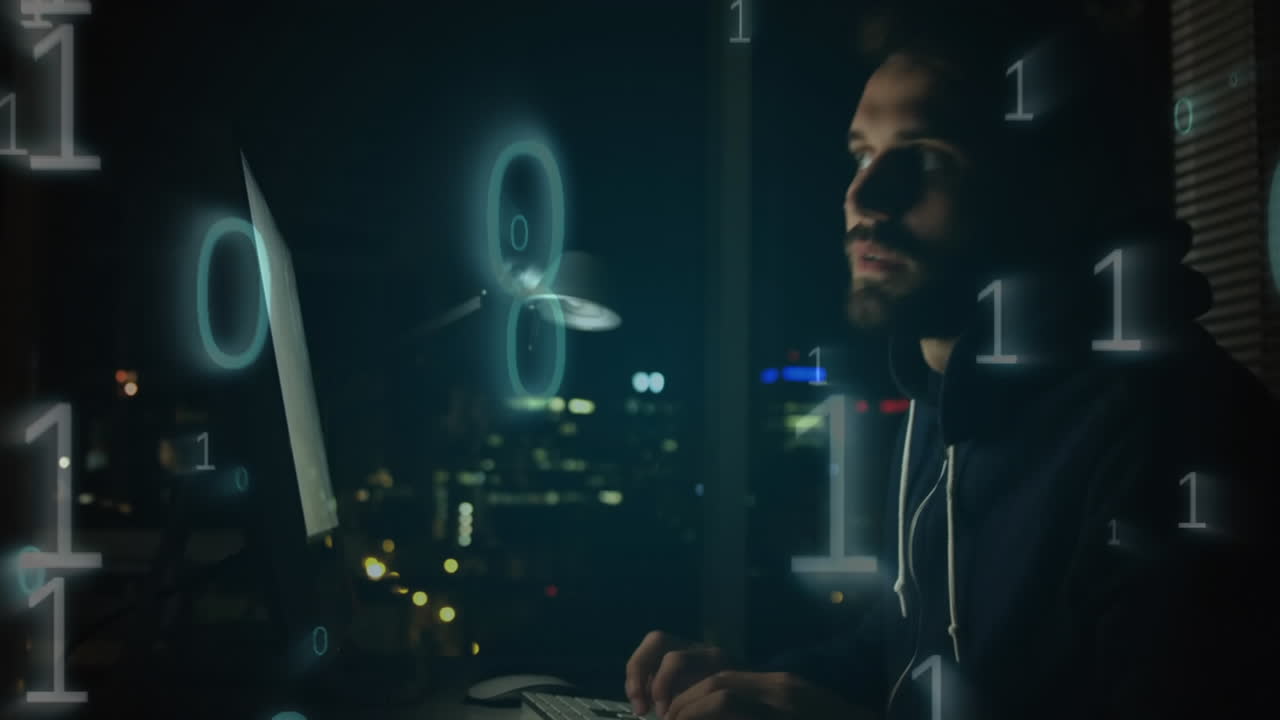 Hacker using computer in dark room