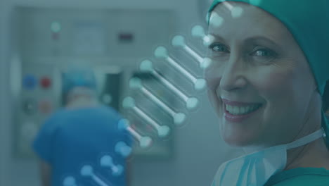 animación de la cadena de adn sobre una cirujana caucásica con máscara facial