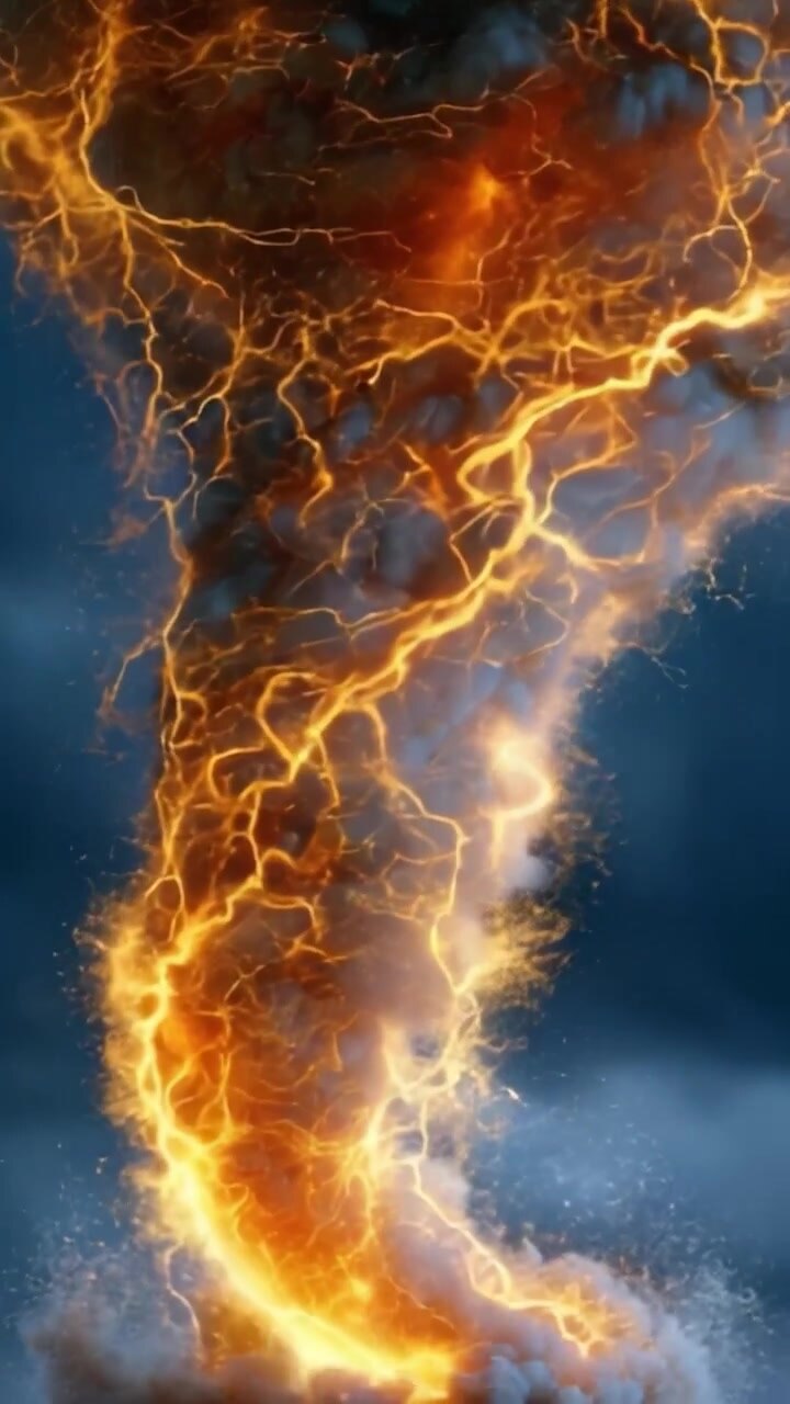 Uno Spettacolo Dinamico della Furia della Natura: Una Colonna Contorta di Fulmini Infuocati e Nuvole Gonfie che Catturano lo Stupore di un Paesaggio Celeste Tempestoso