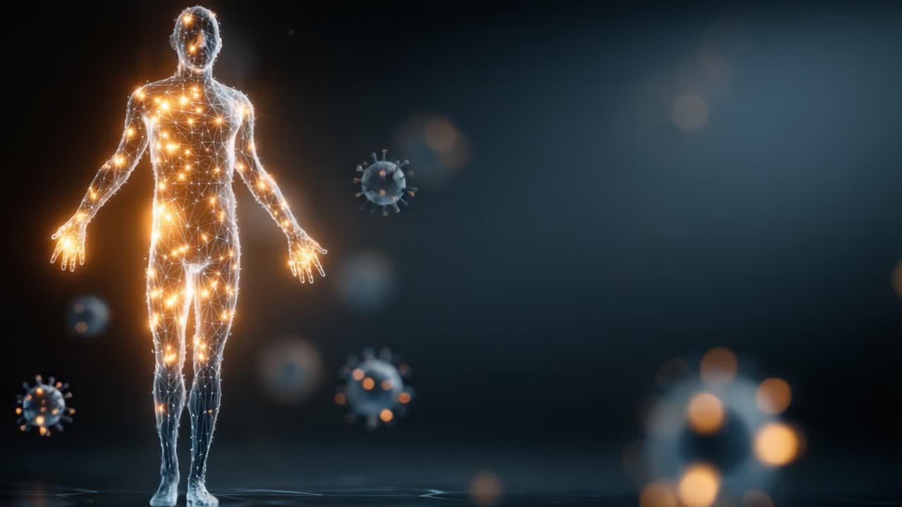 En glødende menneskelig skikkelse omgivet af vira: En kunstnerisk repræsentation af det menneskelige immunsystem og mikrobielle trusler.