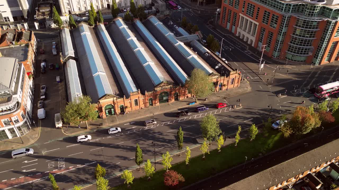 Clockwise 4K 30FPS aerial video of St George's Market in Belfast, Northern Ireland in the UK. Produced with Rec709 color