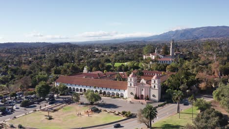 wide panning aerial shot of the historic spanish mission in santa barbara, california. 4k