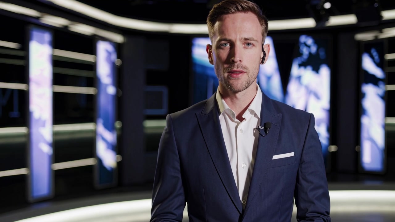 Professional Male Presenter Speaking in a Modern Broadcast Studio
