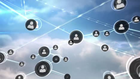 Animation-of-networks-of-connections-with-icons-over-sky