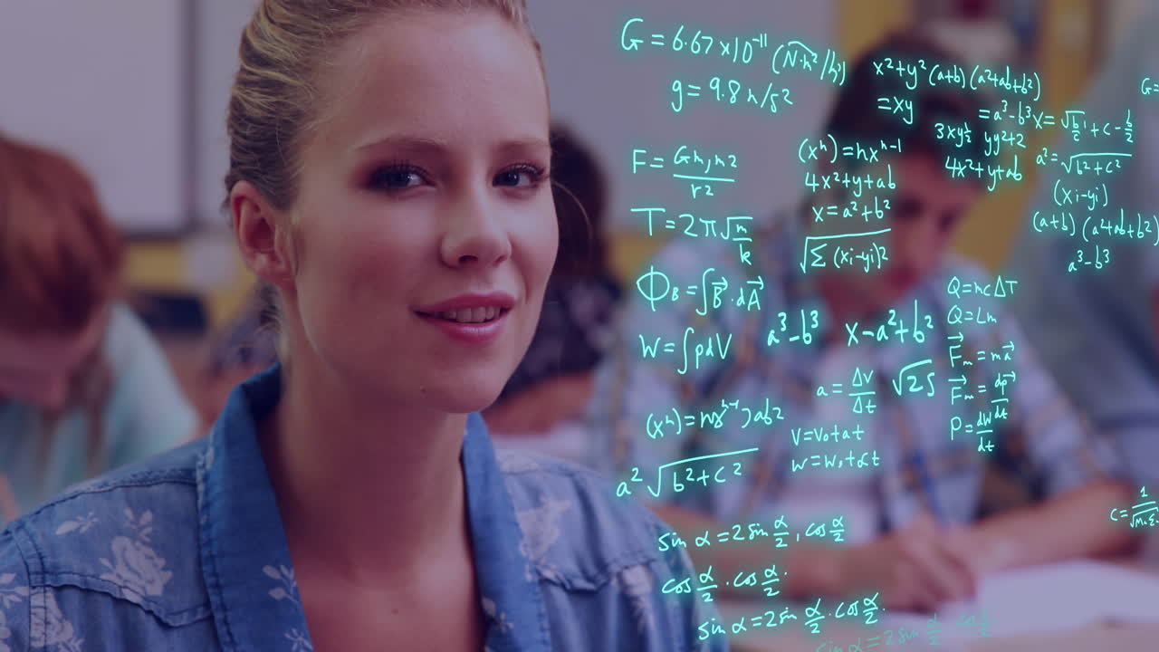 Animation of equations and data processing over caucasian female student