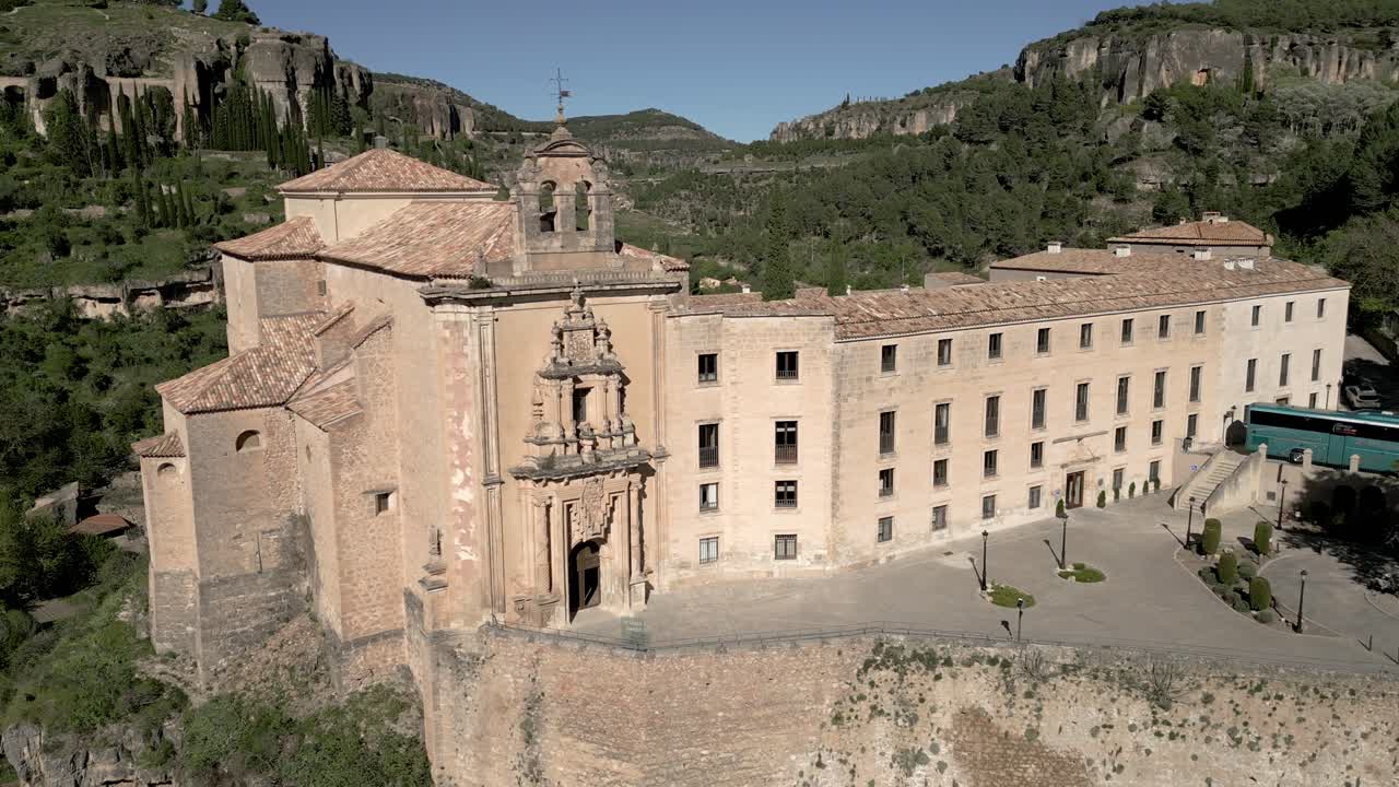 Hanging houses. National Parador of Cuenca. Aerial view of the parador next to Casas Colgantes. Convent of San Pablo. Cuenca. Spain.