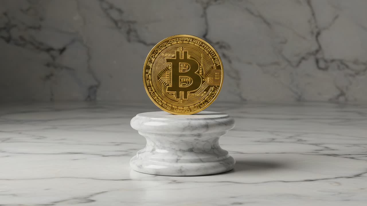 Showcasing Digital Wealth: A Stunning Graphic of a Bitcoin Coin Immaculately Positioned on a Marble Pedestal Highlighting Modern Finance and Technology