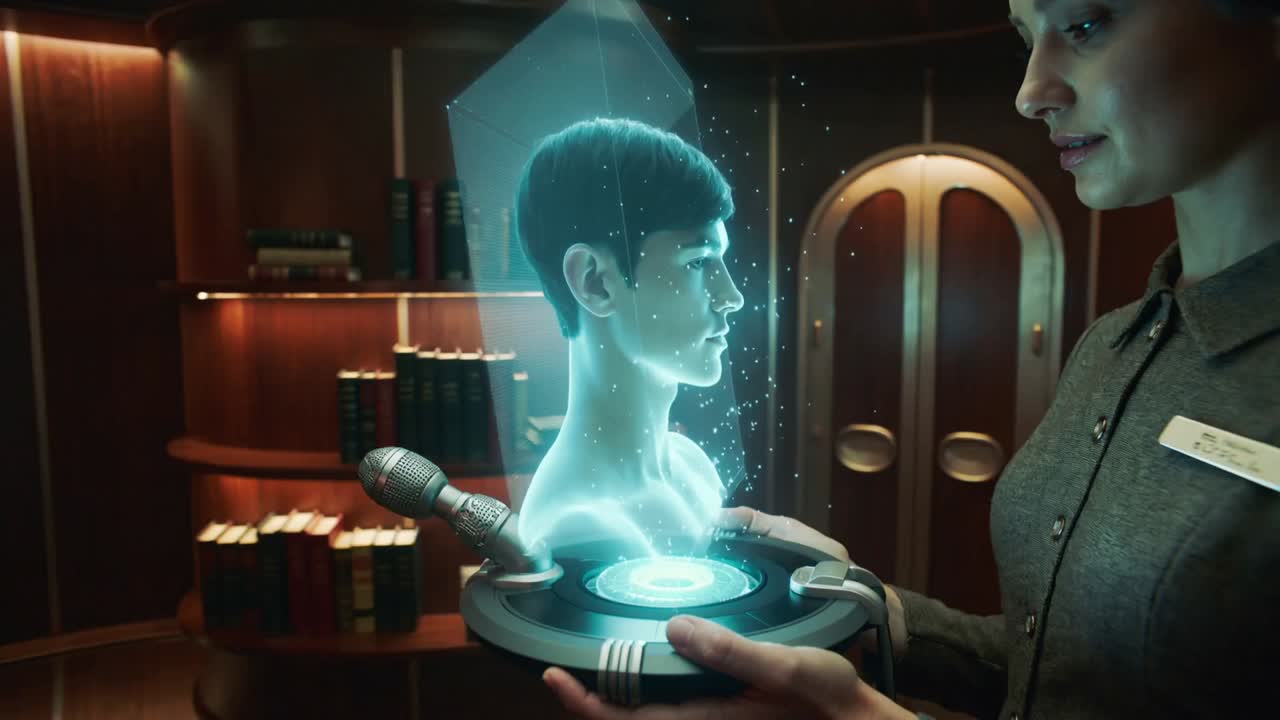 Activating handheld projector, uniformed tech projecting male hologram bust in cabin, inspecting ID