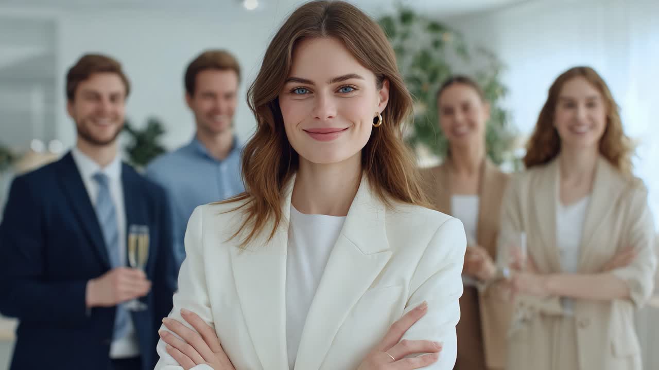 Selvsikker forretningskvinne smiler på nettverksarrangement omgitt av kolleger som viser en positiv atmosfære og profesjonell suksess på arbeidsplassen
