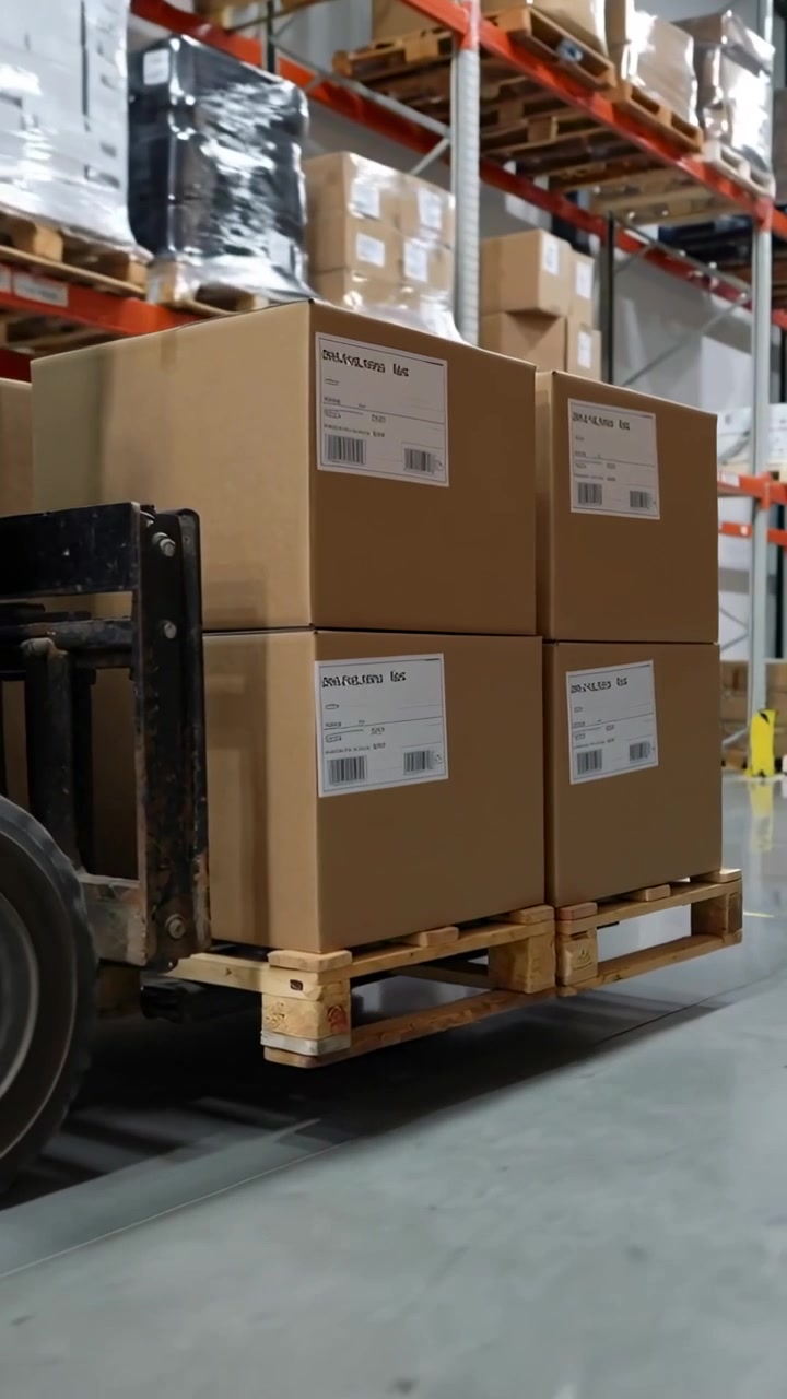 Video vertical: Carretilla elevadora avanzando con un palé de cuatro cajas etiquetadas, colocándolas cerca de estanterías.