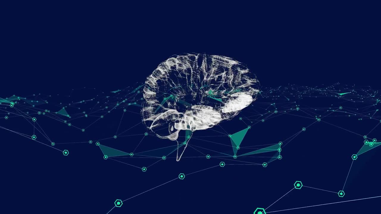 Animation of data processing and brain on black background