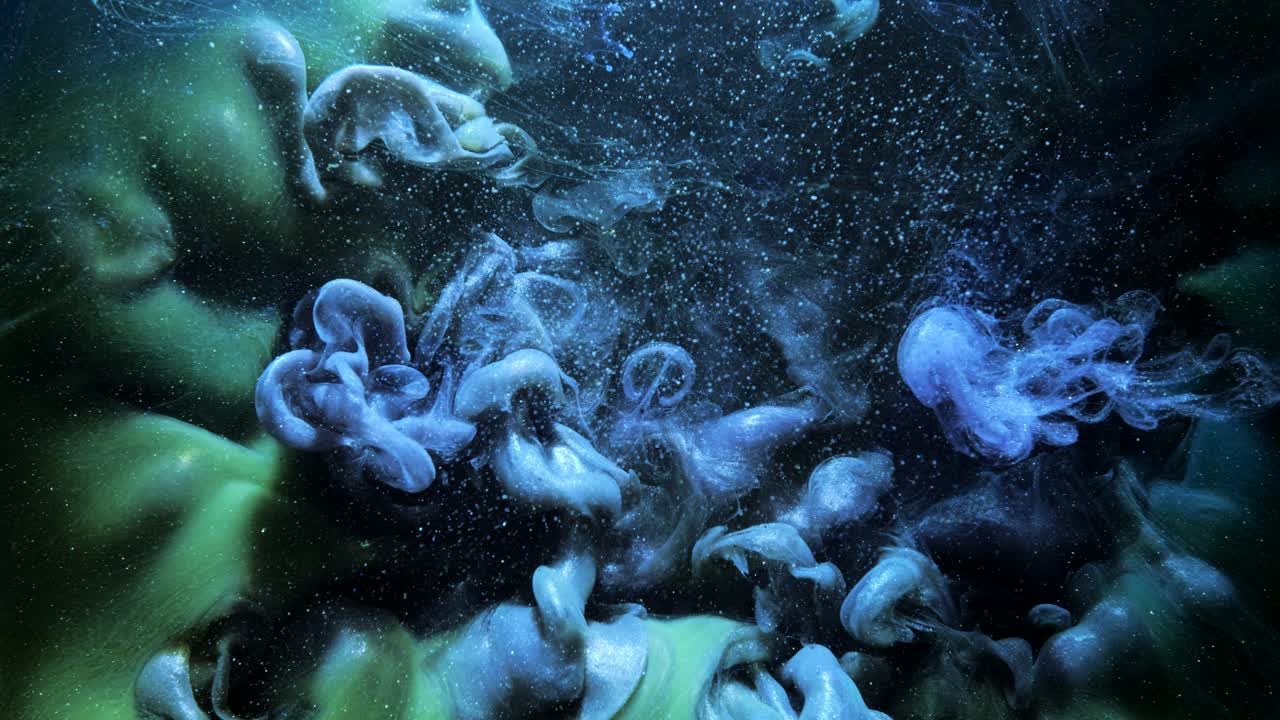 잉크 흐름 화학 폭발 파란색 녹색 스모그 구름