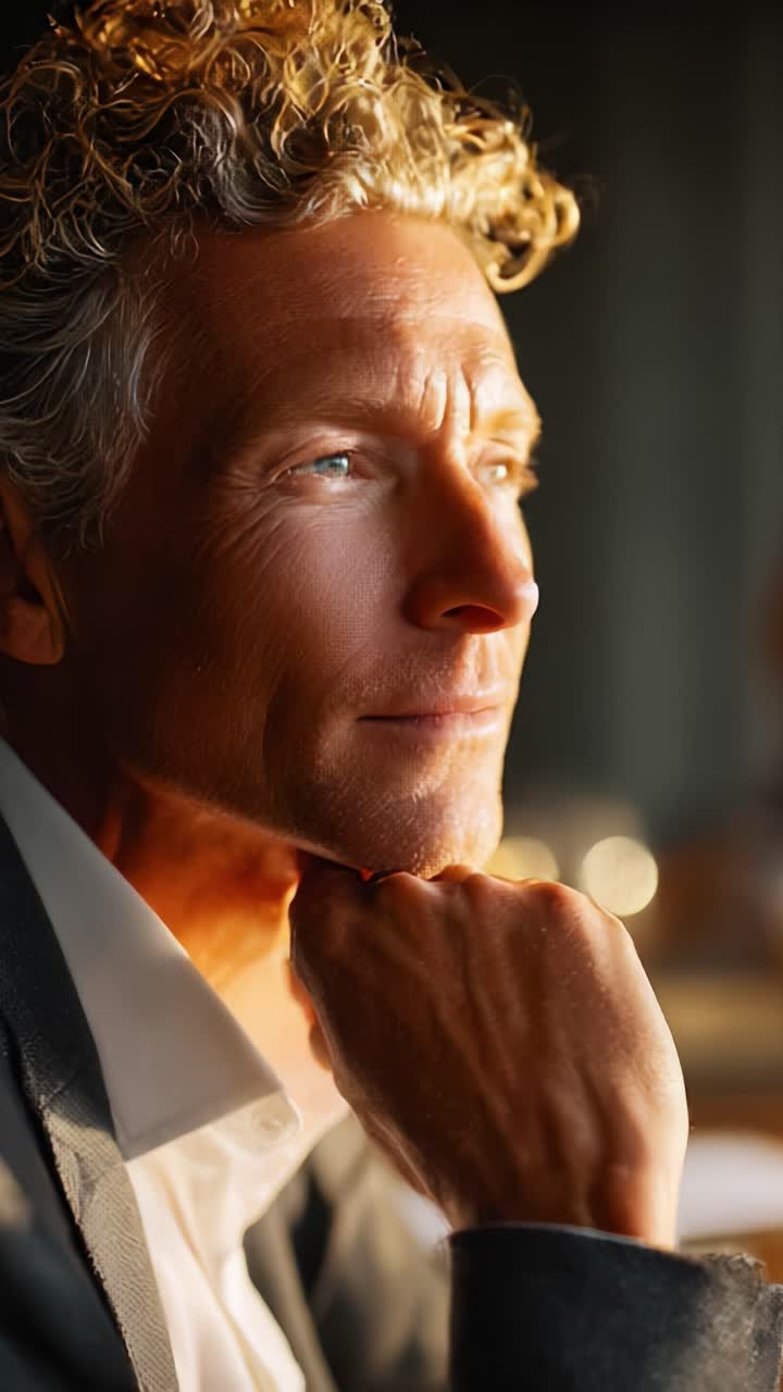 A Thoughtful Man Contemplates Life's Choices in a Softly Lit Setting, Expressing Deep Reflections Through His Pensive Gaze and Introspective Posture