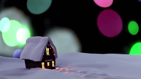 Schneebedecktes-Haus-In-Winterlandschaft-Vor-Bunten-Lichtflecken,-Die-Auf-Schwarzen-Hintergrund-Fallen