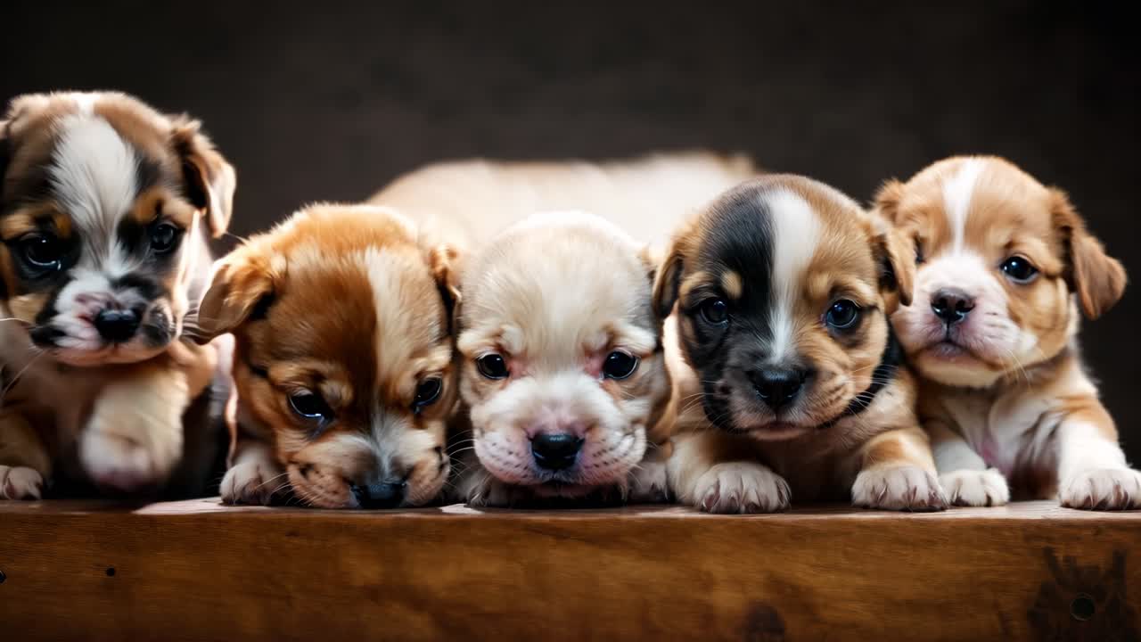 A group of puppies sitting on top of a wooden table