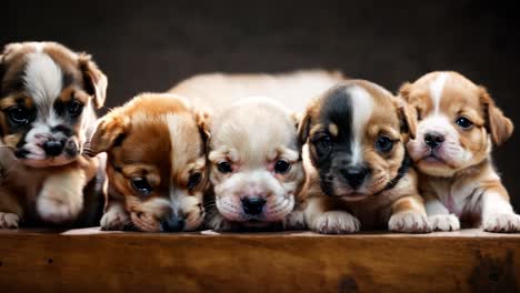 a group of puppies sitting on top of a wooden table