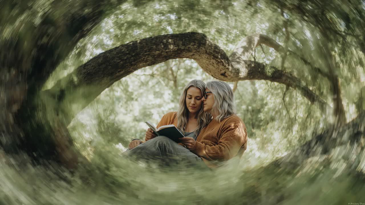 Vignette softening, two women sharing book on tree branch, in orange jackets, one wearing glasses