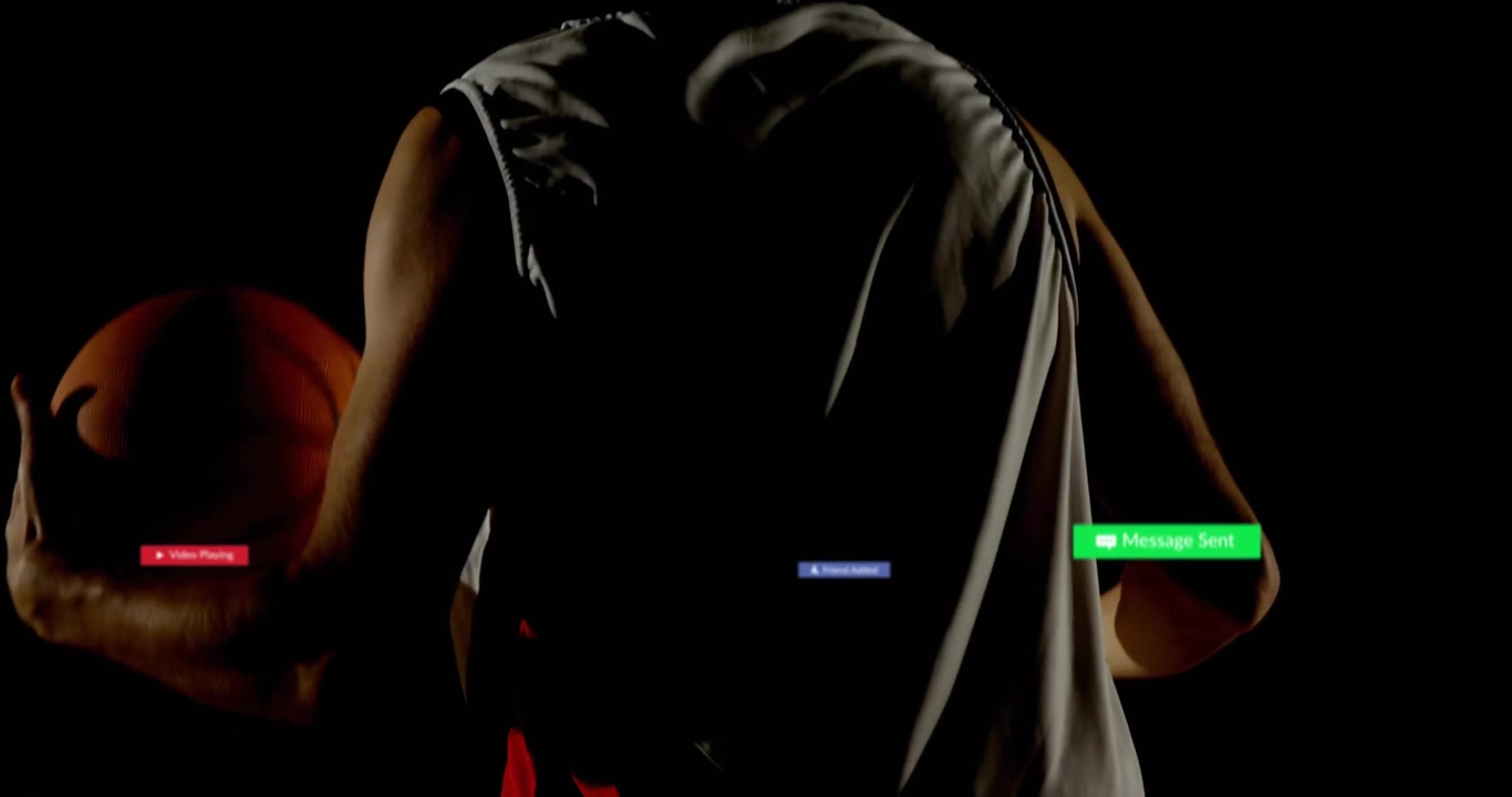 On court, basketball player's legs showing digital notifications and video animation