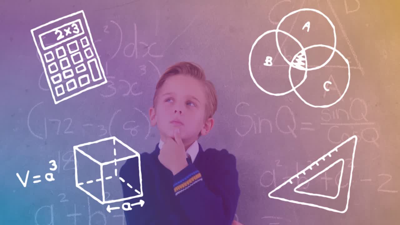 анимация школьных предметов над задумчивым белым мальчиком