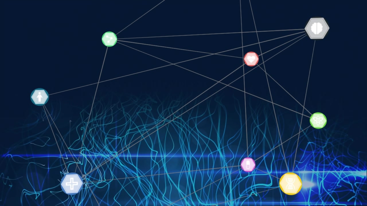 Animation of icons in hexagons connected with lines over abstract pattern moving on black background