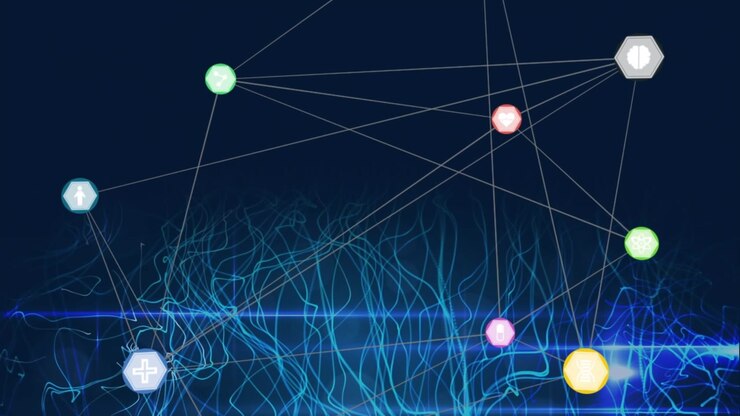 Animation of icons in hexagons connected with lines over abstract pattern moving on black background
