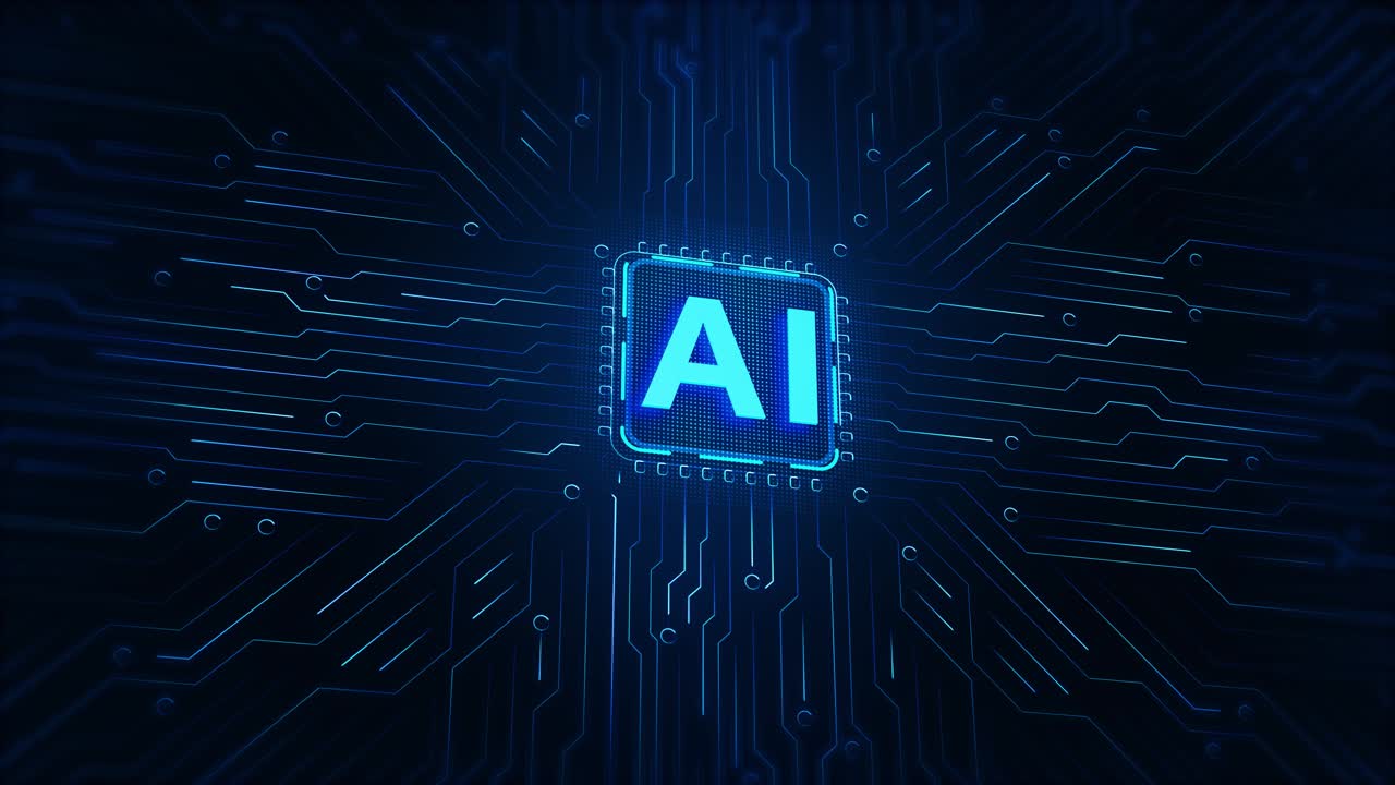 Futuristic glowing ai text centered inside processor circuit abstract blue lines illustrates