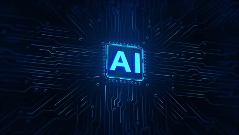 futuristic glowing ai text centered inside processor circuit abstract blue lines illustrates
