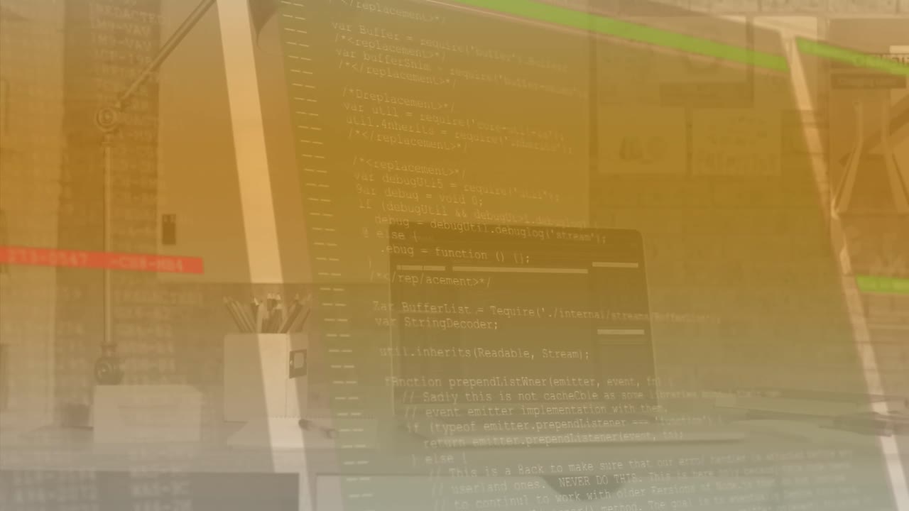 animación del lenguaje informático y la interfaz abstracta en una computadora portátil en el escritorio