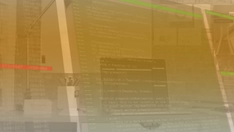 Animation-Der-Computersprache-Und-Abstrakte-Schnittstelle-über-Laptop-Auf-Dem-Schreibtisch