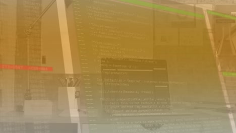 Animation of computer language and abstract interface over laptop on desk