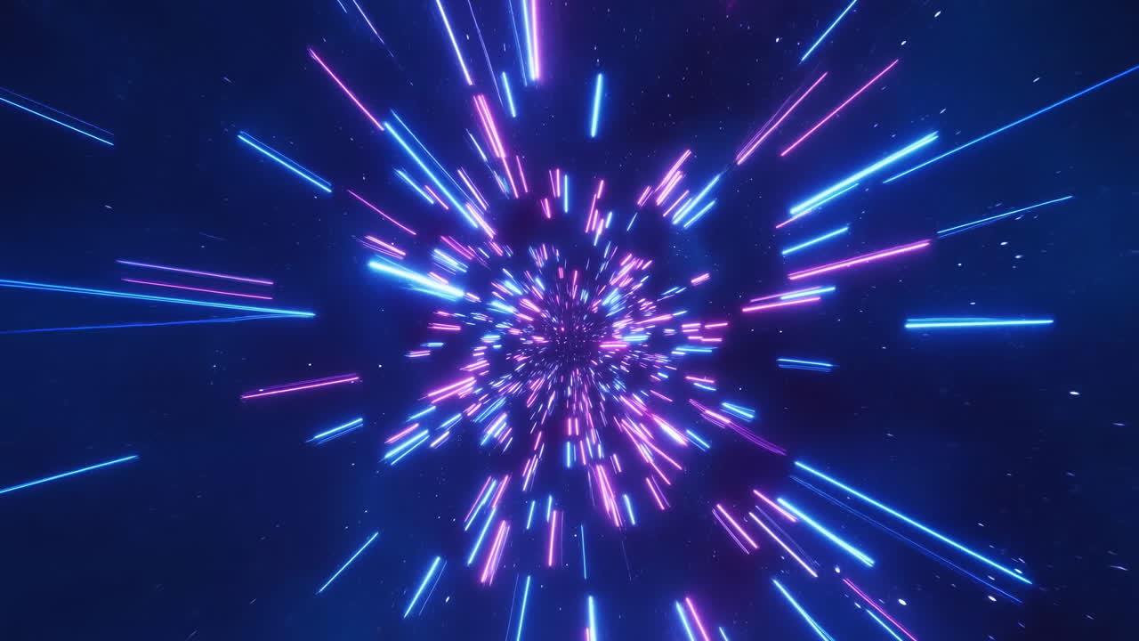 Neon Starburst Warp Speed Radiance Streaks Blue Pink Particle Trails Erupting From Central Core, Rapid Radial