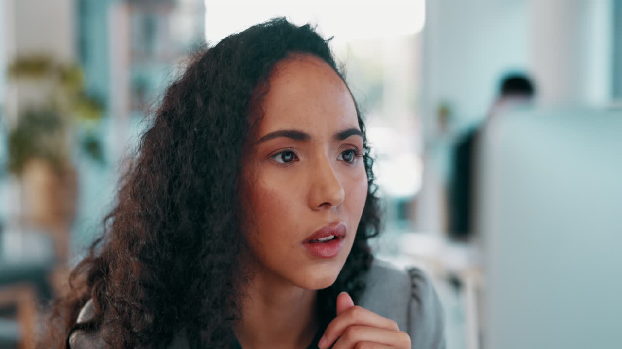 Focus, computer and research with woman in office