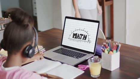 composición de una colegiala afroamericana en una computadora portátil aprendiendo en línea con texto de matemáticas