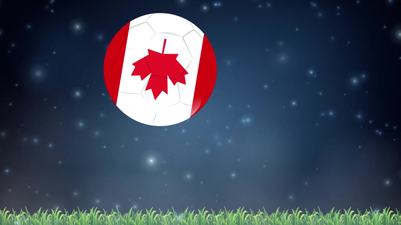 Un pallone da calcio con la bandiera canadese rimbalza sull'erba verde sotto uno sfondo di cielo notturno stellato