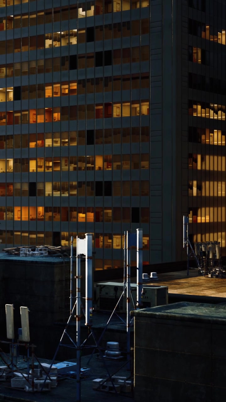 La escena muestra un rascacielos con muchas luces encendidas dentro de las oficinas.