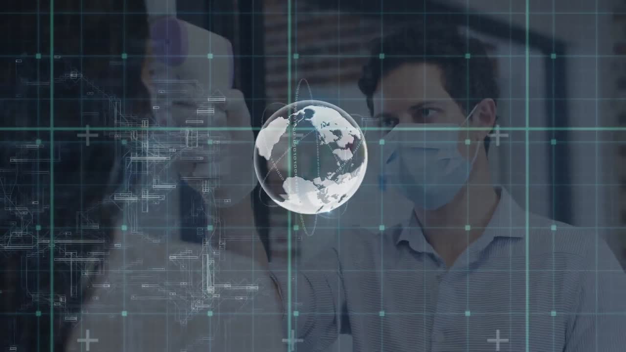 코카시안 사업가가가 얼굴 마스크를 착용하여 체온을 측정하는 전 세계 아이콘의 애니메이션