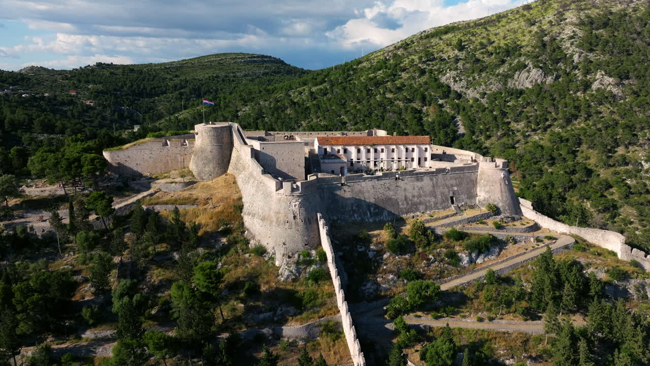 Hvar Spanish Fortress - Fortica Fortress In Hvar Island, Croatia. - aerial closeup shot