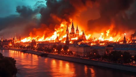 un gran fuego está ardiendo en el medio de una ciudad