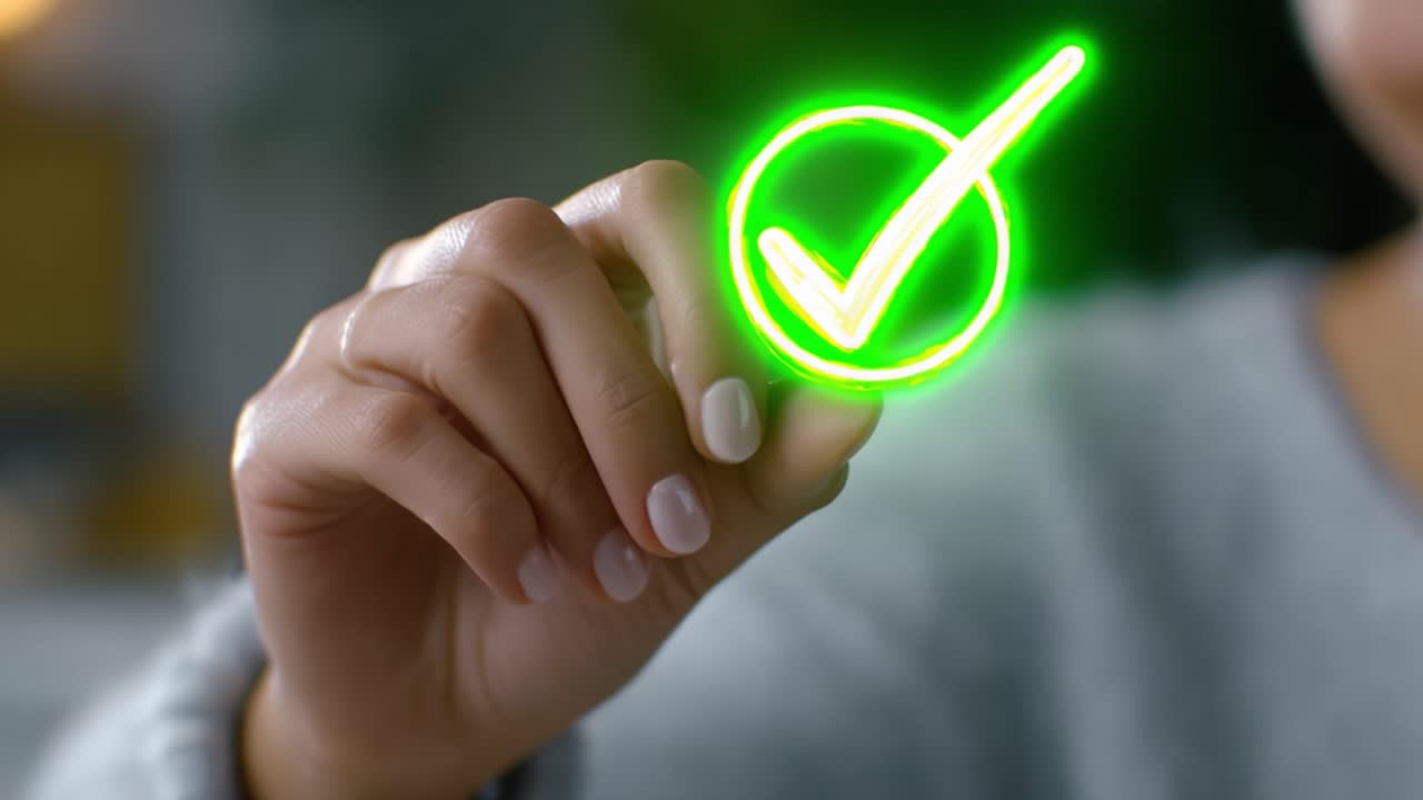 A hand drawing a glowing green check mark on a surface, symbolizing accomplishment, approval, and successful completion of a task or project in a modern setting