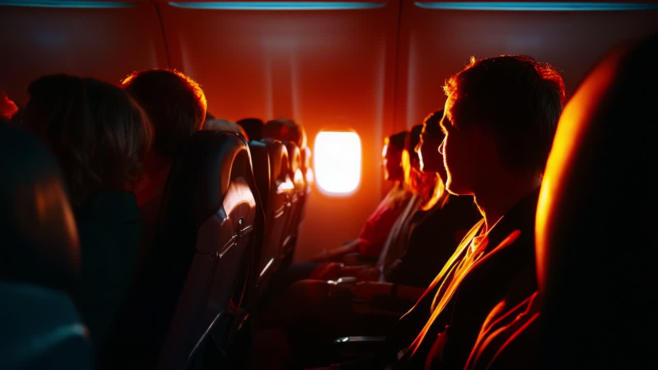 Captivating Atmosphere Inside an Airplane Cabin as Passengers Experience the Warm, Golden Glow of Sunset Coming Through the Window in a Serene Flight Environment