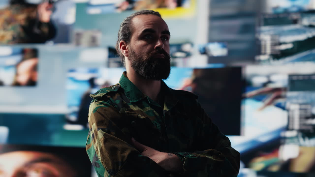 Young veteran reviewing battlefield data in a high tech command center