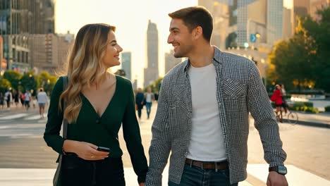 a young couple walks hand-in-hand down a city street at sunset.