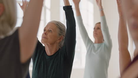 Clase-De-Yoga-De-Mujeres-Maduras-Sanas-Practicando-Pose-Guerrera-Disfrutando-Del-Ejercicio-Físico-Matutino-En-El-Estudio