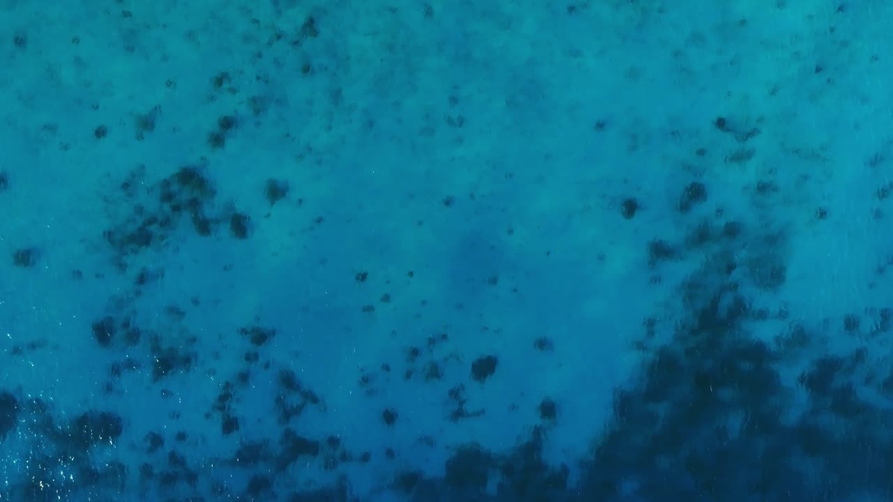 Clear turquoise Caribbean sea, drop-off to deep blue, sunny day light on coral, aerial top donw