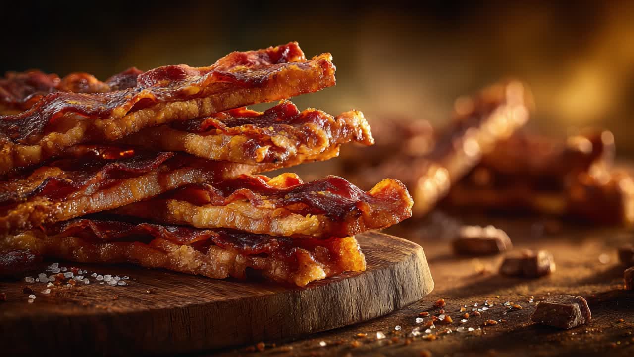 Deliciously Crispy Bacon Strips Piled High on a Wooden Platter Showcasing their Mouthwatering Texture and Flavor Under Soft Lighting