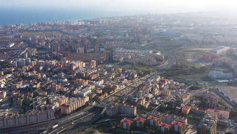 Malaga-North-neighbourhood-aerial-view-Spain-sunset-time-mediterranean-sea