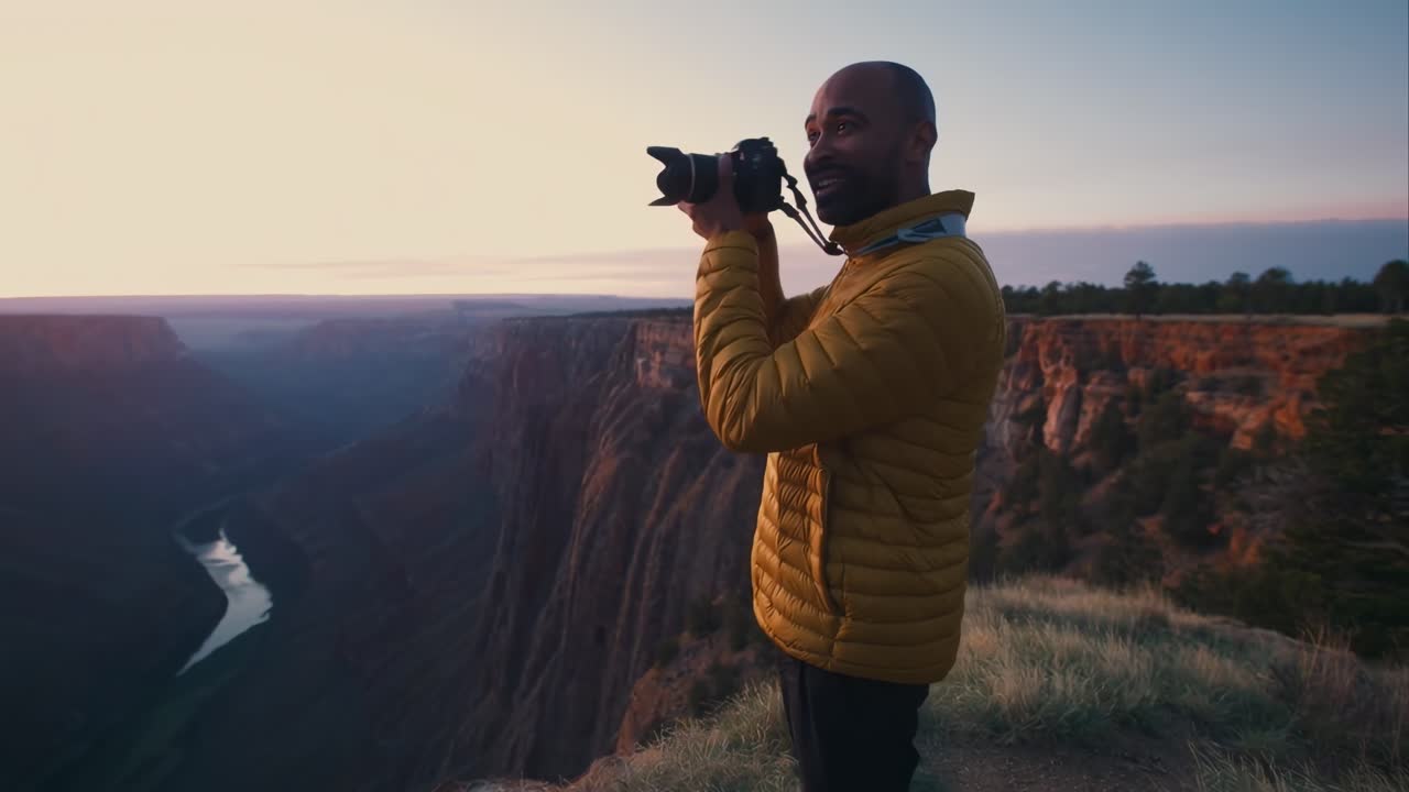 Aerial video of a hiker with a map, overlooking a cliff at sunset, capturing adventure